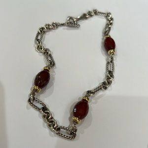 David Yurman Sterling Silver and 18 Karet Gold Carnelian Figaro link Necklace